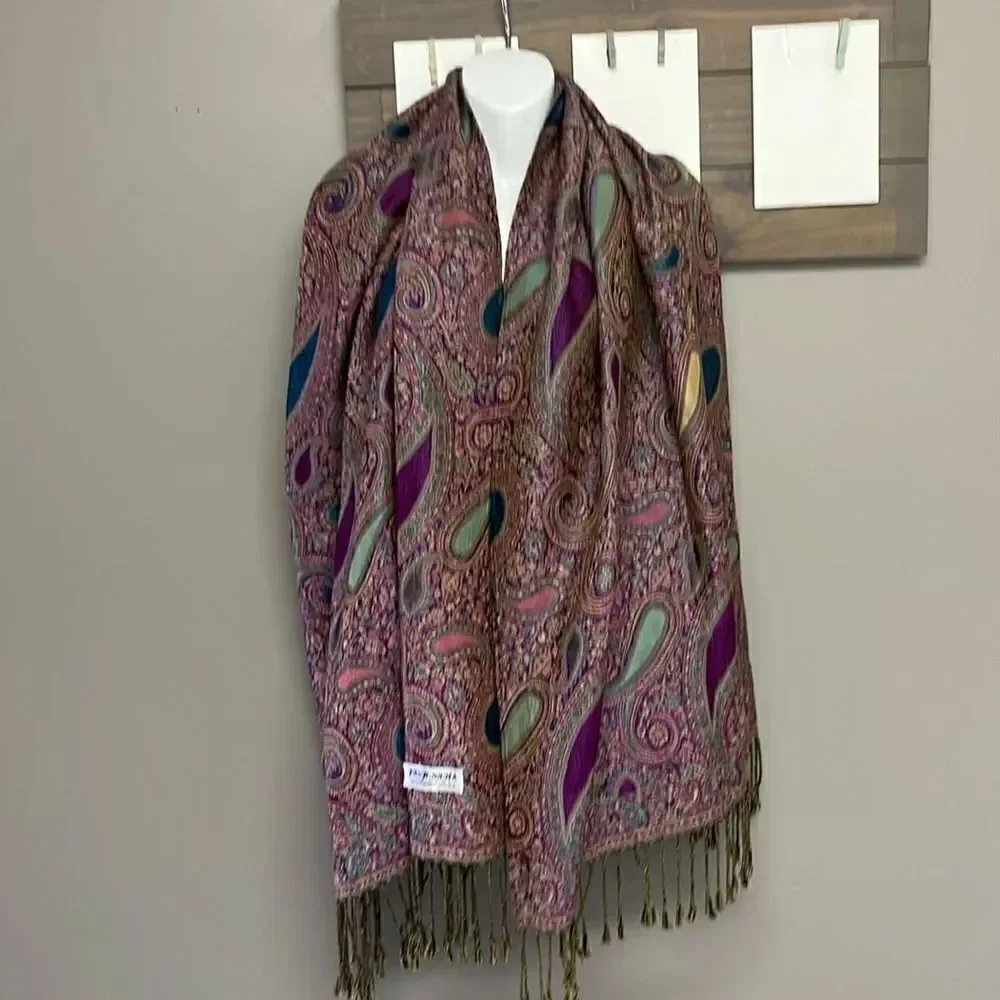 Beautiful Purple Blue Green Tan Paisley Pattern Pashmina Wrap Scarf w/ Tassel-OS